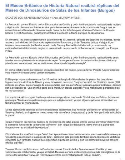 FOTO:El Museo Británico de Historia Natural recibirá réplicas del Museo de Dinosaurios de Salas de los Infantes (Burgos) FOTOEl Museo Británico de Historia Natural recibirá réplicas del Museo de Dinosaurios de Salas de los Infantes (Burgos)